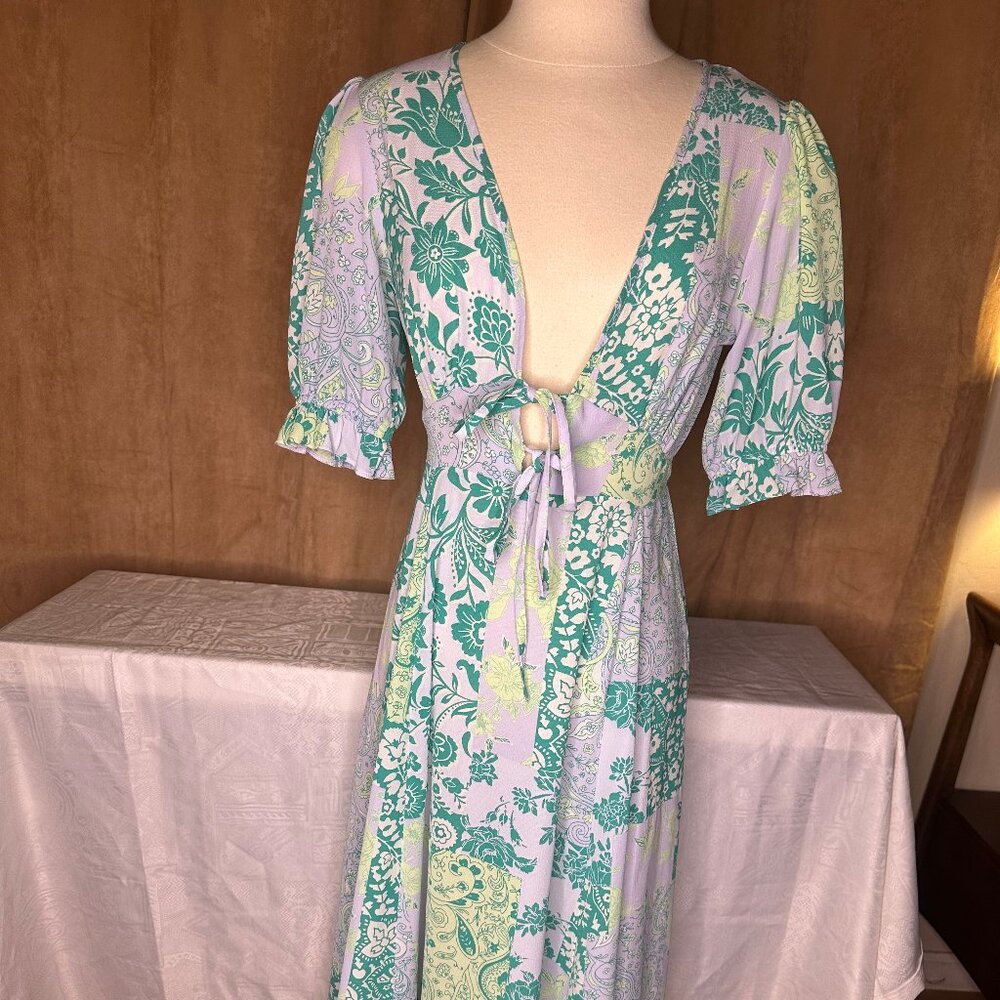 ASOS DESIGN Tie front midi tea dress with godets in green & yellow flower